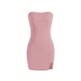 thumbnail image 3 of Women's Black Strapless Mini Dress - Bodycon Fit with Front Slit, 3 of 10