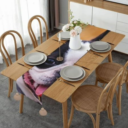 

Boston Terrier Bokeh Dogs Pets Boston Terrier Table Runner Imitation Linen Table Runner With Khaki Tassels For Party And Dining Room 14 x 60