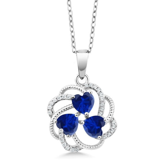 Gem Stone King 1.84 Ct Heart Shape Blue Created Sapphire 925 Sterling Silver Pendant