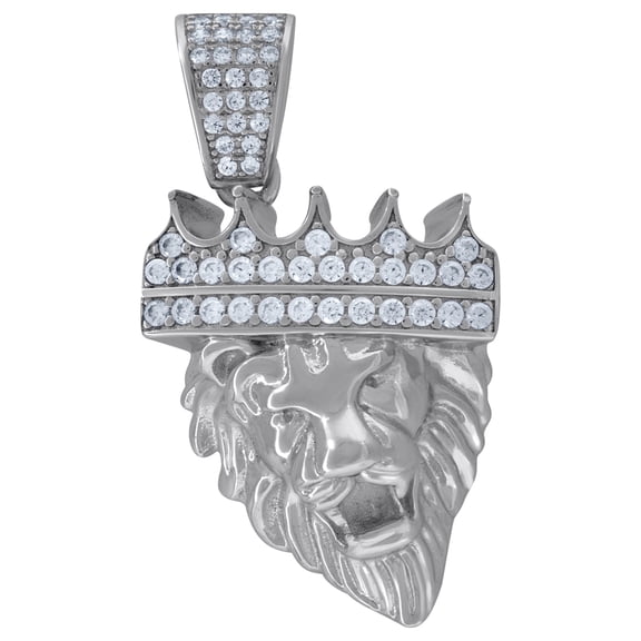 925 Sterling Silver Mens CZ Crowned Lion Head Animal Charm Pendant 36.3x19.5mm Wide Necklace for Men