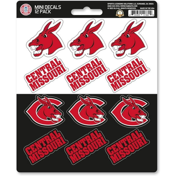 University of Central Missouri Mules 12-Piece Mini Decal Sticker Set, 5x6 Inch Sheet, Gift for football fans for any hard surfaces around home, automotive, personal items