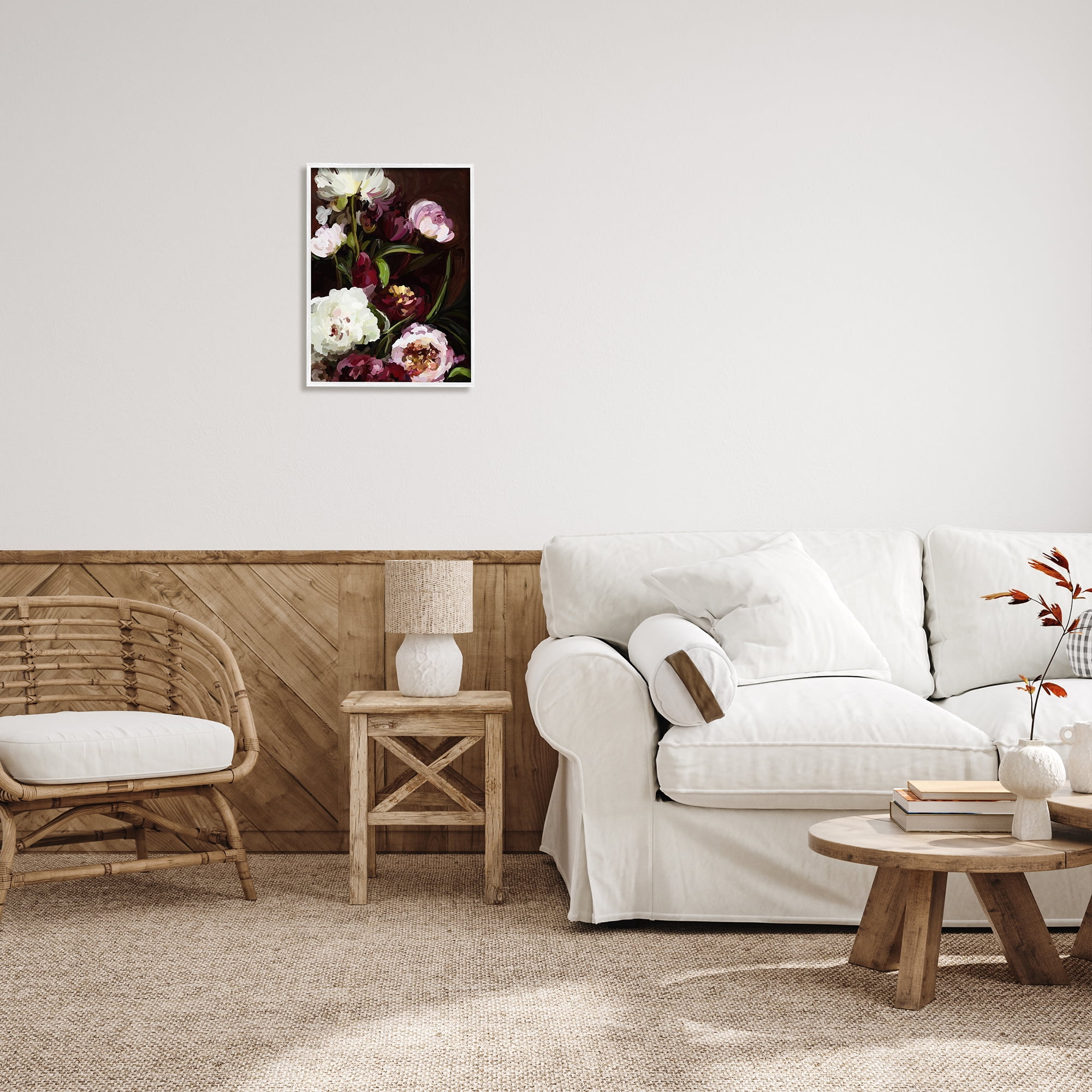 Stupell Industries Modern Roses & Peonies Botanical & Floral Painting White Framed Art Print Wall Art, 16 x 20