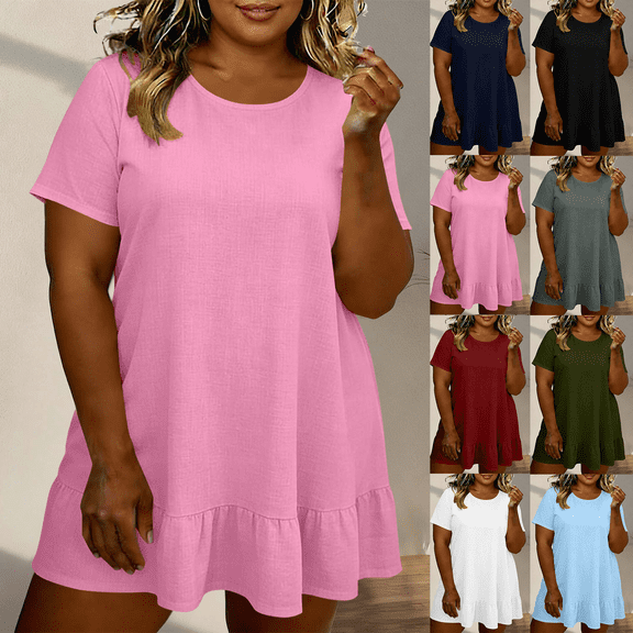 Mini Dresses for Women Plus Size Crewneck Short Sleeve Ruffled Flowy Vacation Casual T Shirt Dress S-5XL
