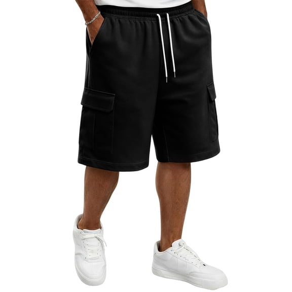 Resicozy Cargo Shorts for Men Cotton Summer Casual Work Shorts Drawstring Elastic Waist Stretch Bottoms with Pockets Black 5XL
