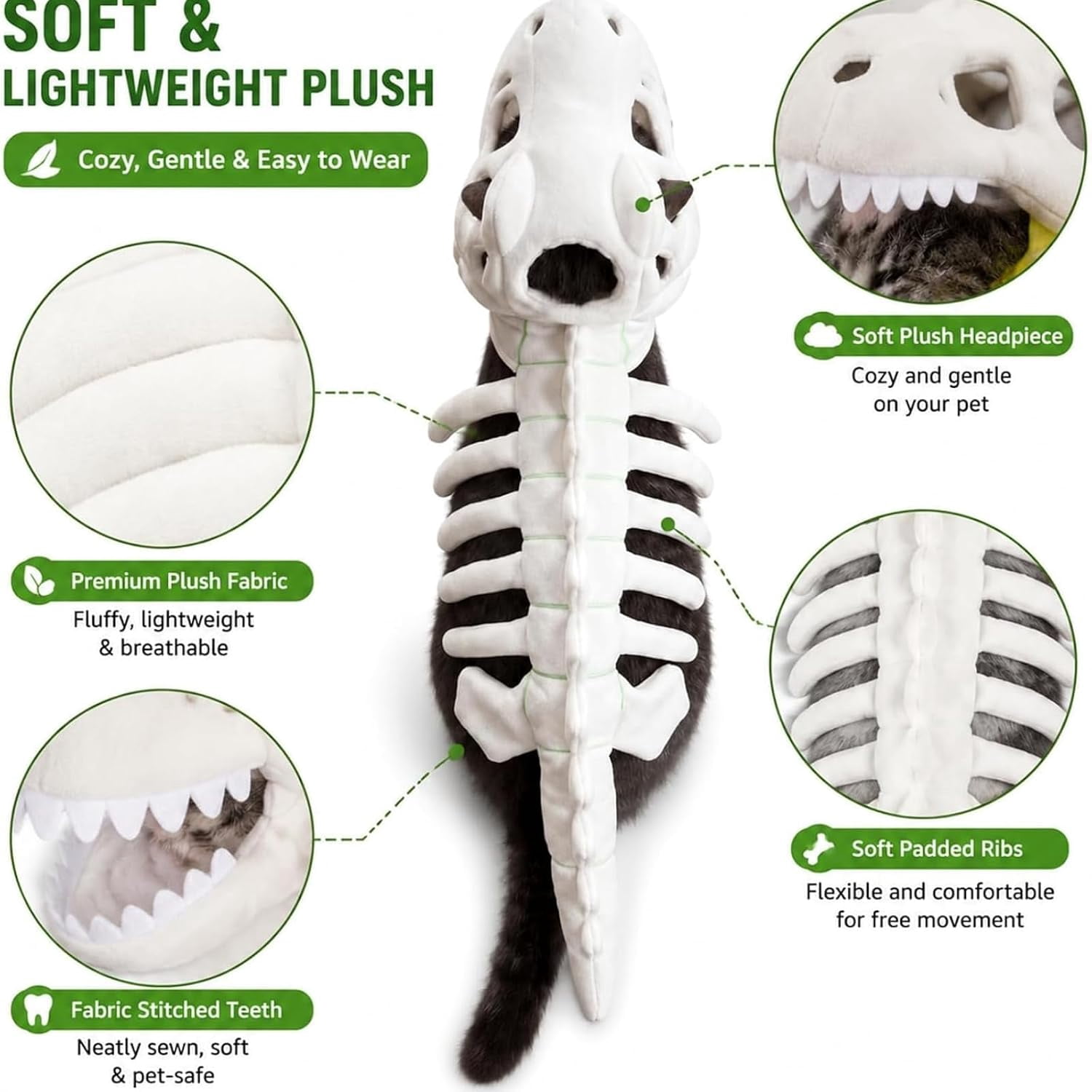 Cat Dinosaur Costume, Catsaur Costume, Dinosaur Costume for Dogs, Soft Plush T Rex Halloween Outfit, 3D Skeleton Design Glow in the Dark, Realistic Dinosaur Skeleton Costume for Pet