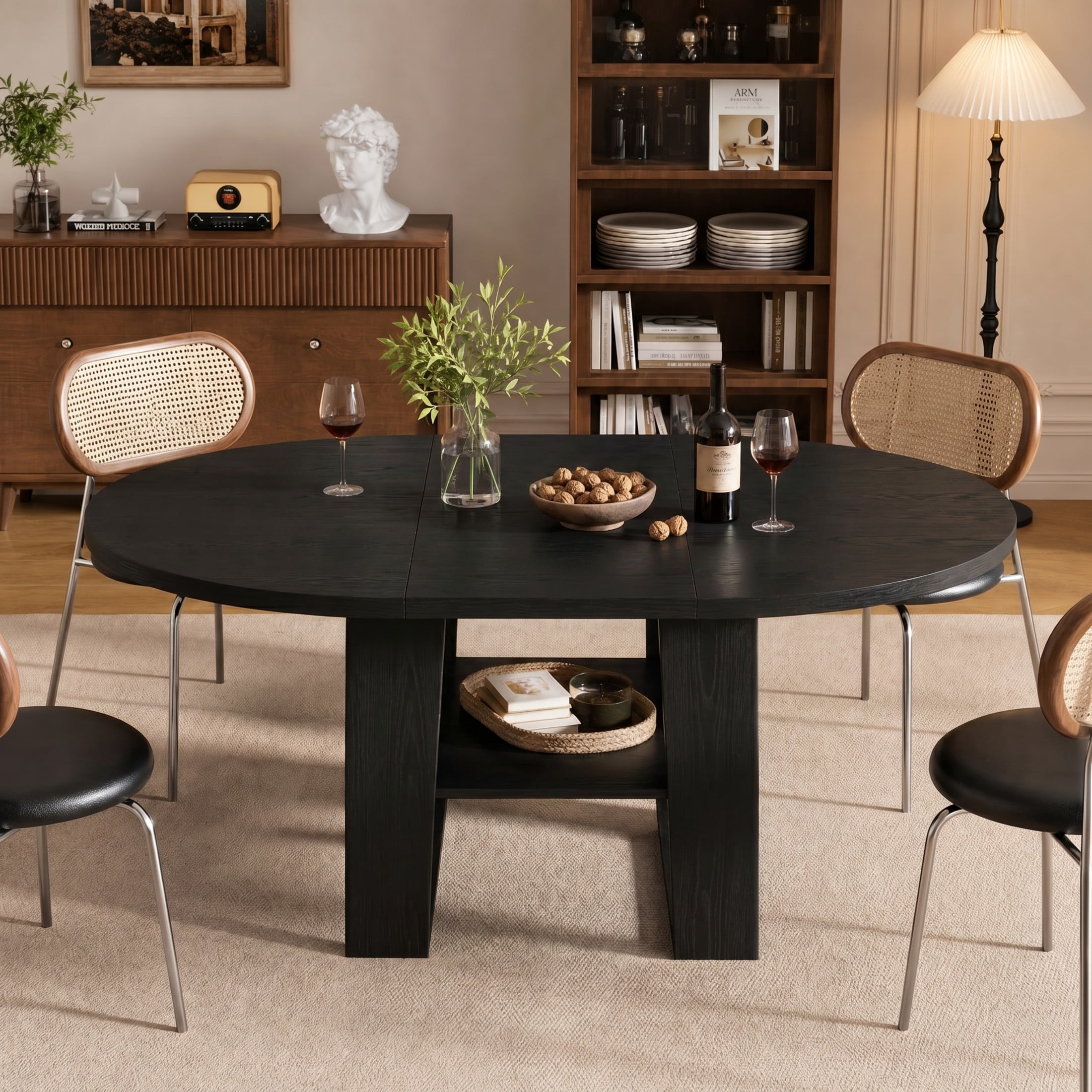 Noble House 43.3"-59.05" Extendable Round Dining Table, Oval Kitchen Table with Storage Shelf, Black