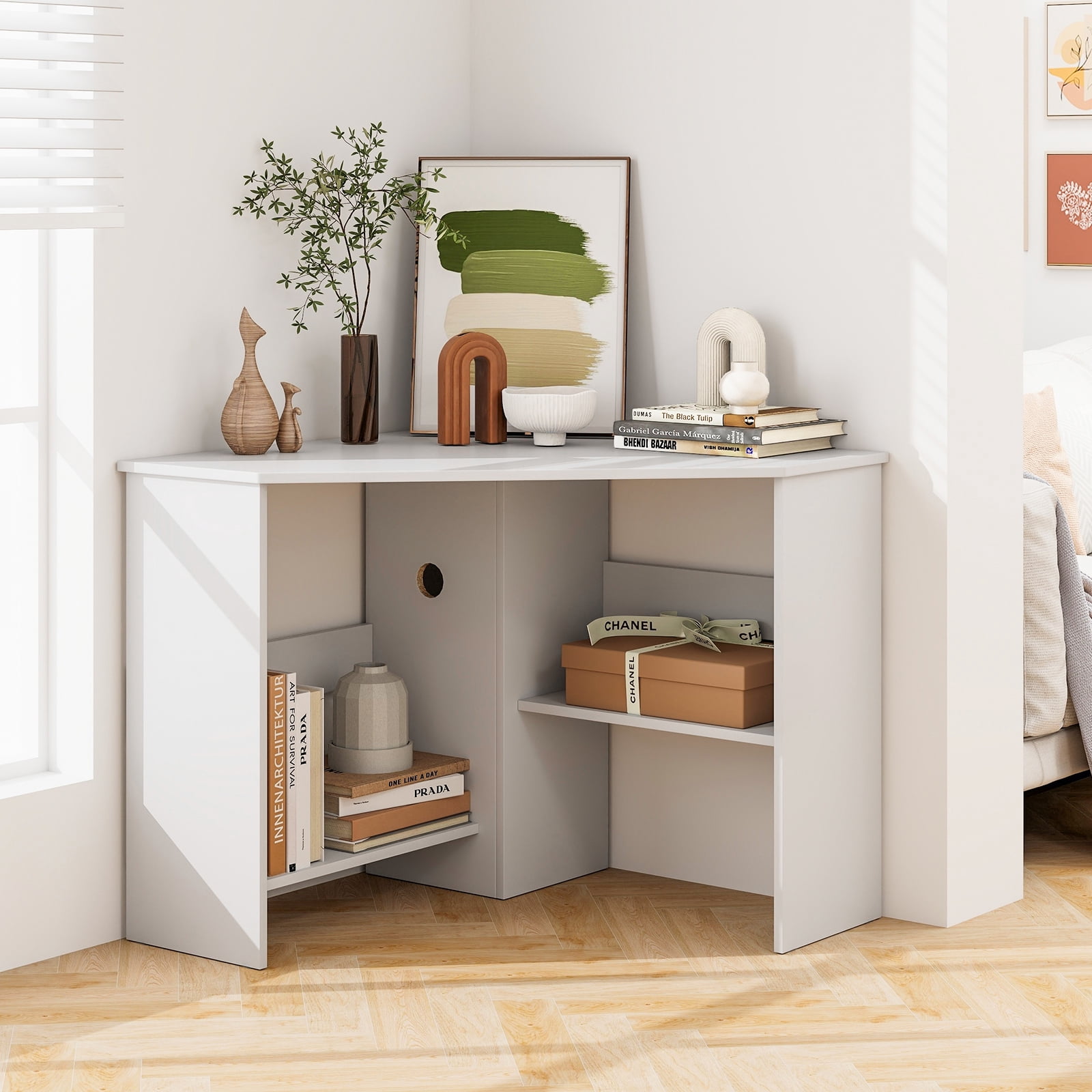Costway Space-Saving Corner Computer Desk with 2 Cable Management Holes & CPU Stand White