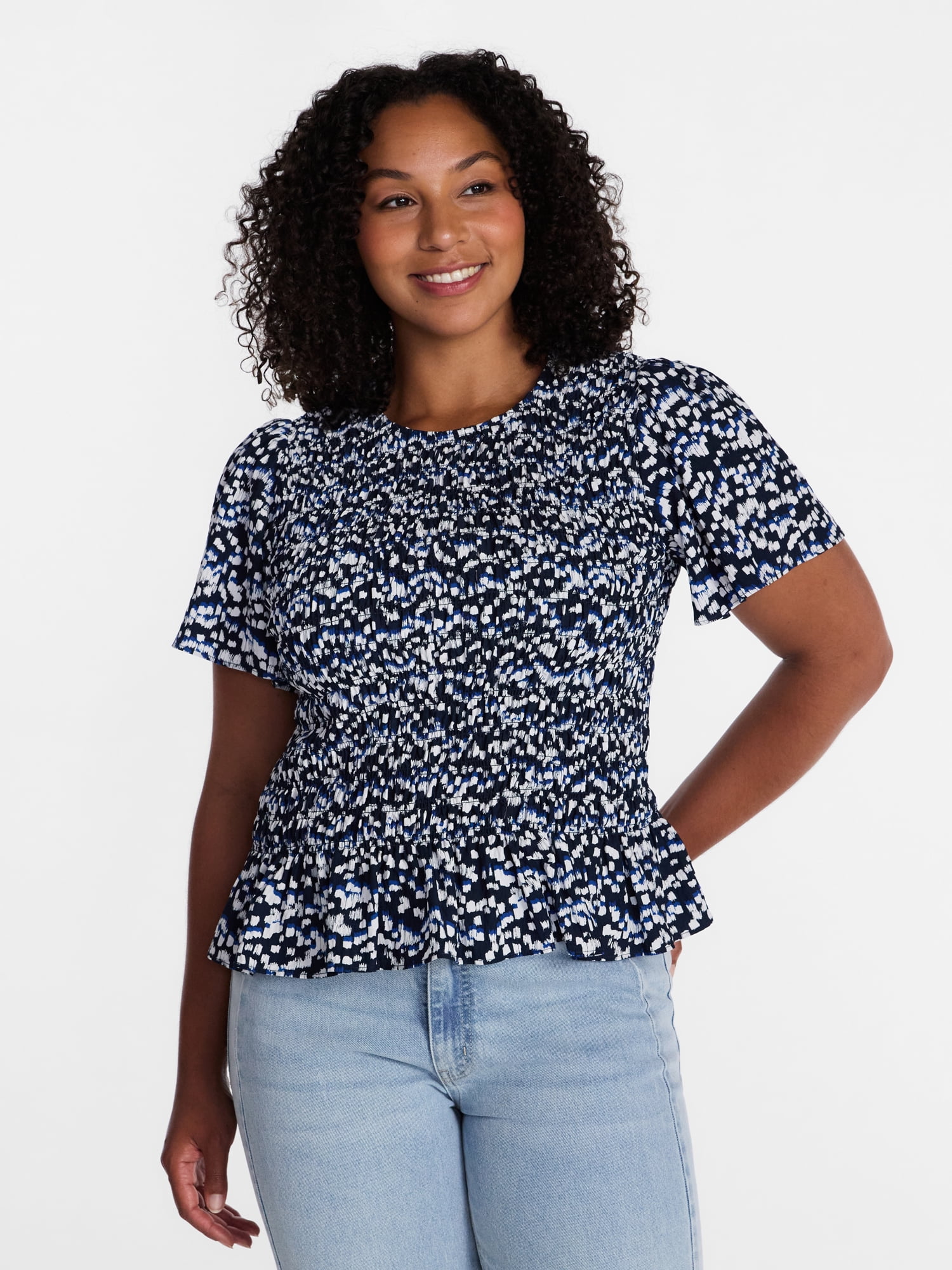 Time and Tru Women's Smocked Top with Short Puff Sleeves, Sizes XS-XXXL