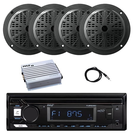Pyle PLMRB29B2 Single DIN Marine Bluetooth MP3 Player Stereo Receiver 4x 6.5 120 Watt Max Power Dual Cone Marine Audio Speakers 4-Channel Amplifier Radio Antenna