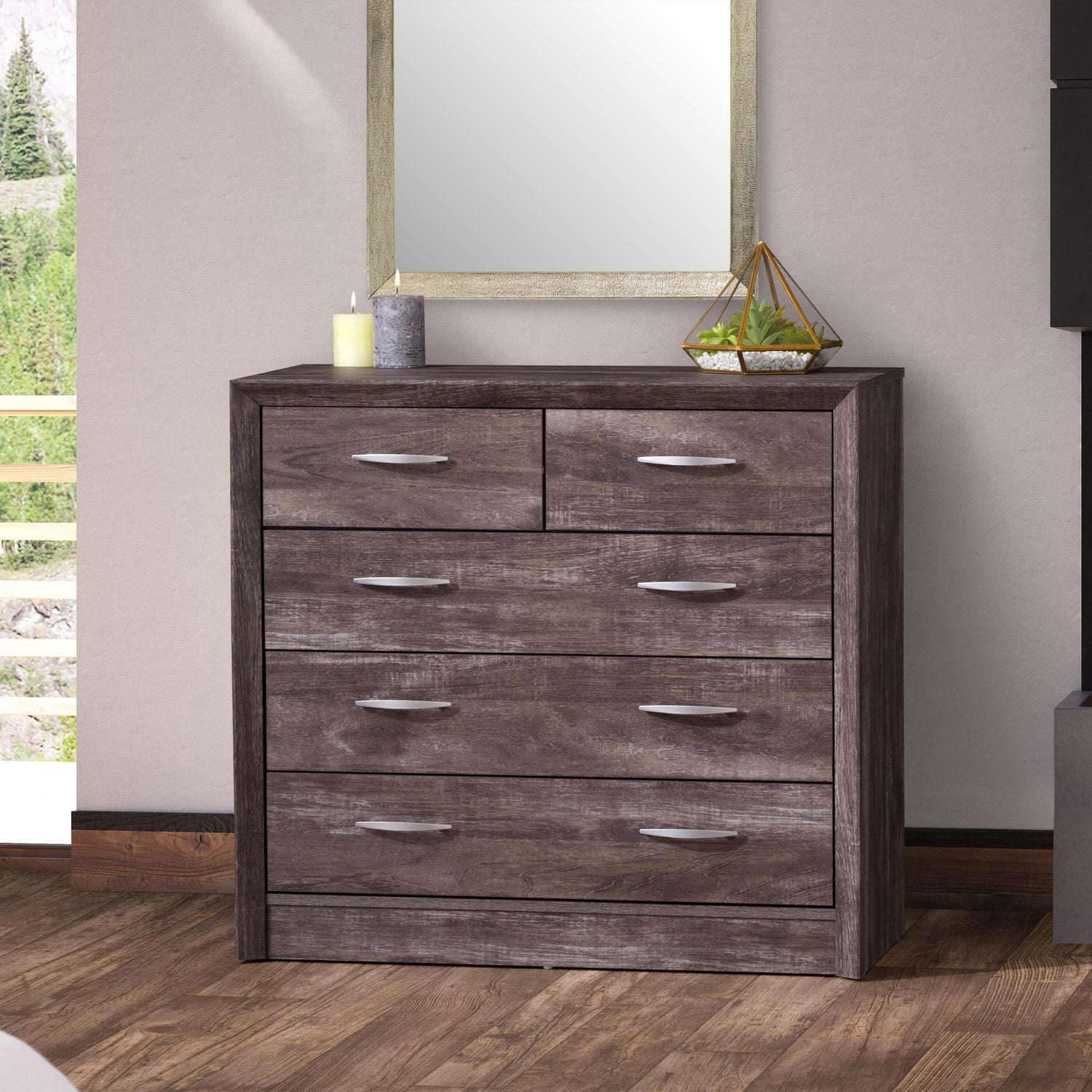 Commode CorLiving Newport pour adulte, 5 tiroirs, style Mid-Century, en bois d'ingénierie, marron