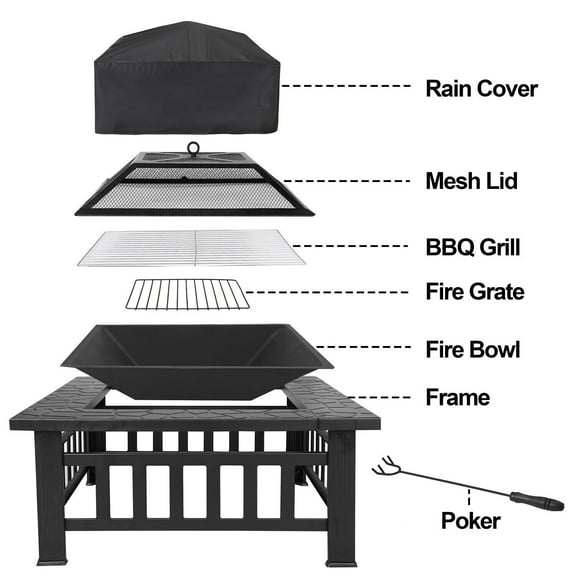 SLSRFD 32 Inch Outdoor Metal Fire Pit with Mesh Cover, Square Wood Burning Patio Heater for Backyard, Garden, Deck, Lawn – Includes Poker and Spark Screen, Black