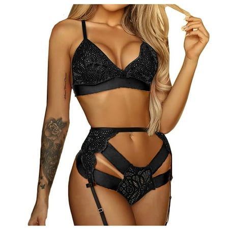

BIZIZA Womens Sexy Lingerie Sets 3 Piece Cut Out Lace Strappy Babydoll with Garter Belt Bra and Panty Set Black XL