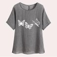 thumbnail image 4 of lcziwo Womens Summer Beach Tops Dressy Casual Cotton Linen Short Sleeve T Shirts Loose Fit Round Neck Blouses 2025 Fashion Butterfly Print Tees Saving Sales Gray XXL, 4 of 8