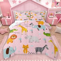 Homewish Zoo Animal Queen Comforter Set (3-Piece) Hippo Giraffe Zebra Lion Reversible Decor For Teens