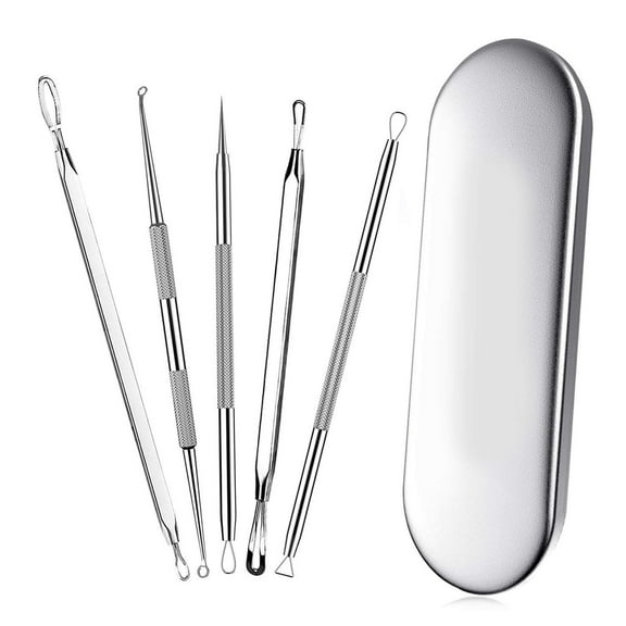 Blackhead Remover, Acne Treatment, Pimple Popper, Face Skin Care Kit, Professional Comedone Blemish, Zit, Whitehead Scar Extractor, 5 Piece Surgical Grade Stainless Steel Tools & Travel Case, Silver
