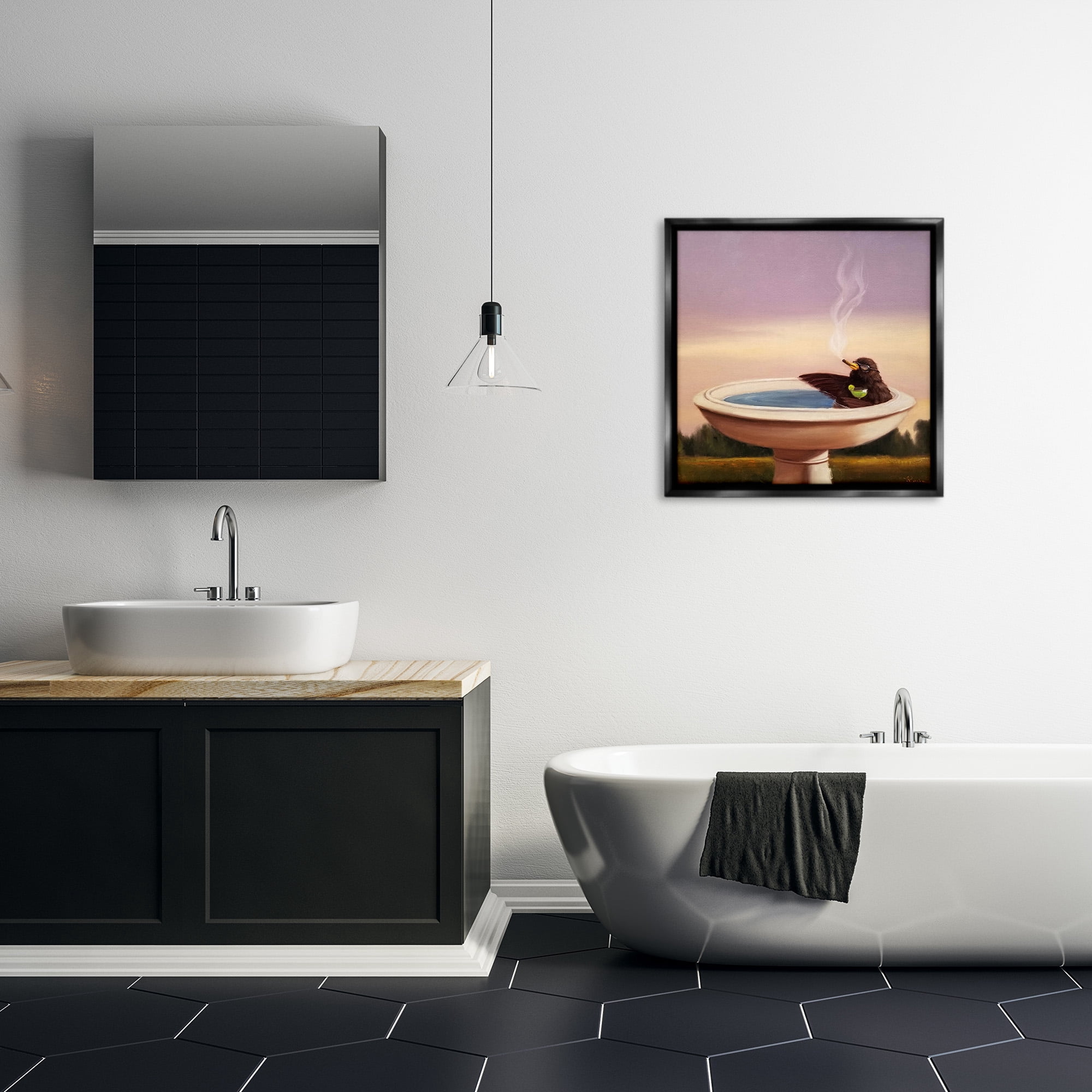Stupell Industries Birdbath with Cocktail Humor Animals & Insects Painting Black Floater Framed Canvas Art Print Wall Art, 25 x 25