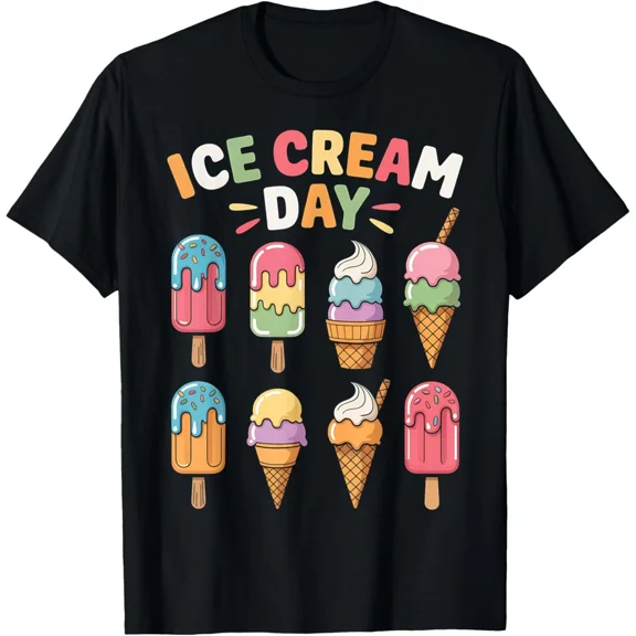 Retro Ice Cream Day Graphic T-Shirt Colorful Summer Dessert Foodie Tee Adult Unisex Short Sleeve Casual Apparel