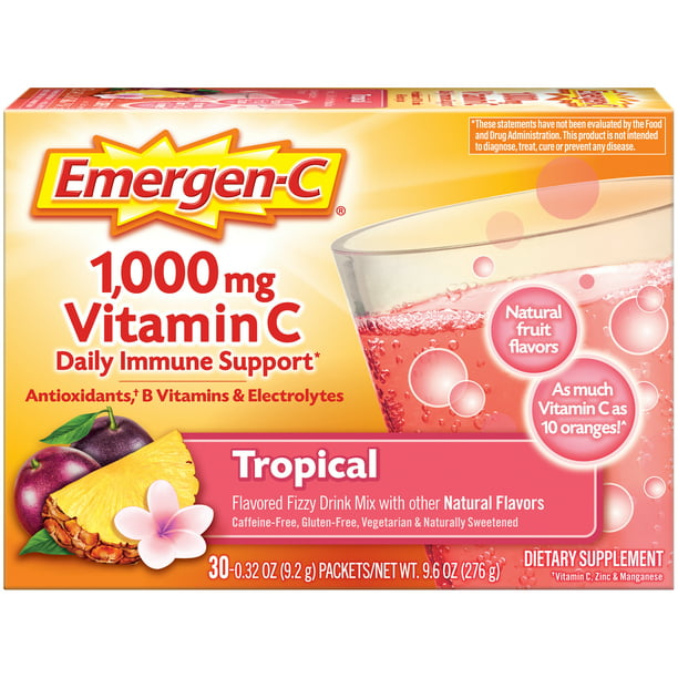 Emergen C 1000mg Vitamin C Powder With Antioxidants B Vitamins And Electrolytes For Immune Support Caffeine Free Vitamin C Supplement Fizzy Drink Mix Tropical Flavor 30 Count 1 Month Supply Walmart Com