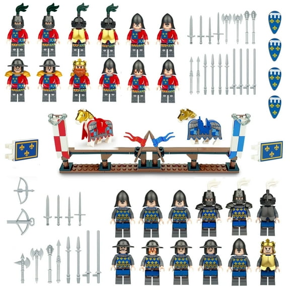 Medieval Kingdoms Knights Battle Building Block Pack, Mini Knights, 24 Kingdom Figures, 2 Horses, Shield Weapons Accessories