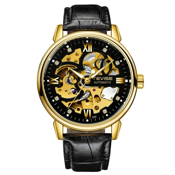 TEVISE TEVISE T869 Montre Mécanique Automatique pour Hommes avec Accents Diamant, Cadran Squelette, Étanche, Lumineuse, Bracelet en Cuir Noir, Style Décontracté Business