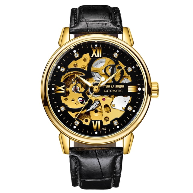 TEVISE TEVISE T869 Men's Automatic Mechanical Watch with Diamond Accents, Skeleton Dial, Waterproof, Luminous, Black Leather Strap, Business Casual Style