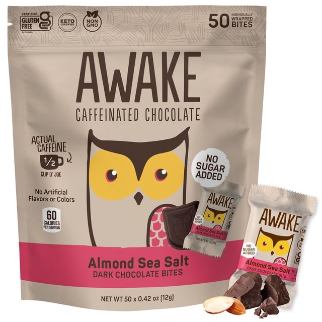 AWAKE - Caffeinated Chocolate Bites - Almond Sea Salt Dark Chocolate (No Sugar Added), 50 Bites - 50mg Caffeine - Energy Bites - Coffee Alternative - Fairtrade, Gluten Free, Non GMO - 0.48oz
