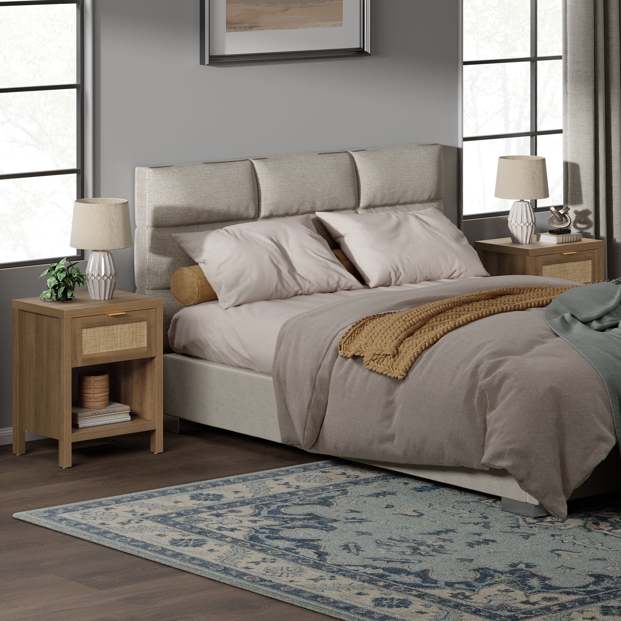 SICOTAS Rattan Nightstands Set of 2 with Drawer and Storage, Bedside Tables