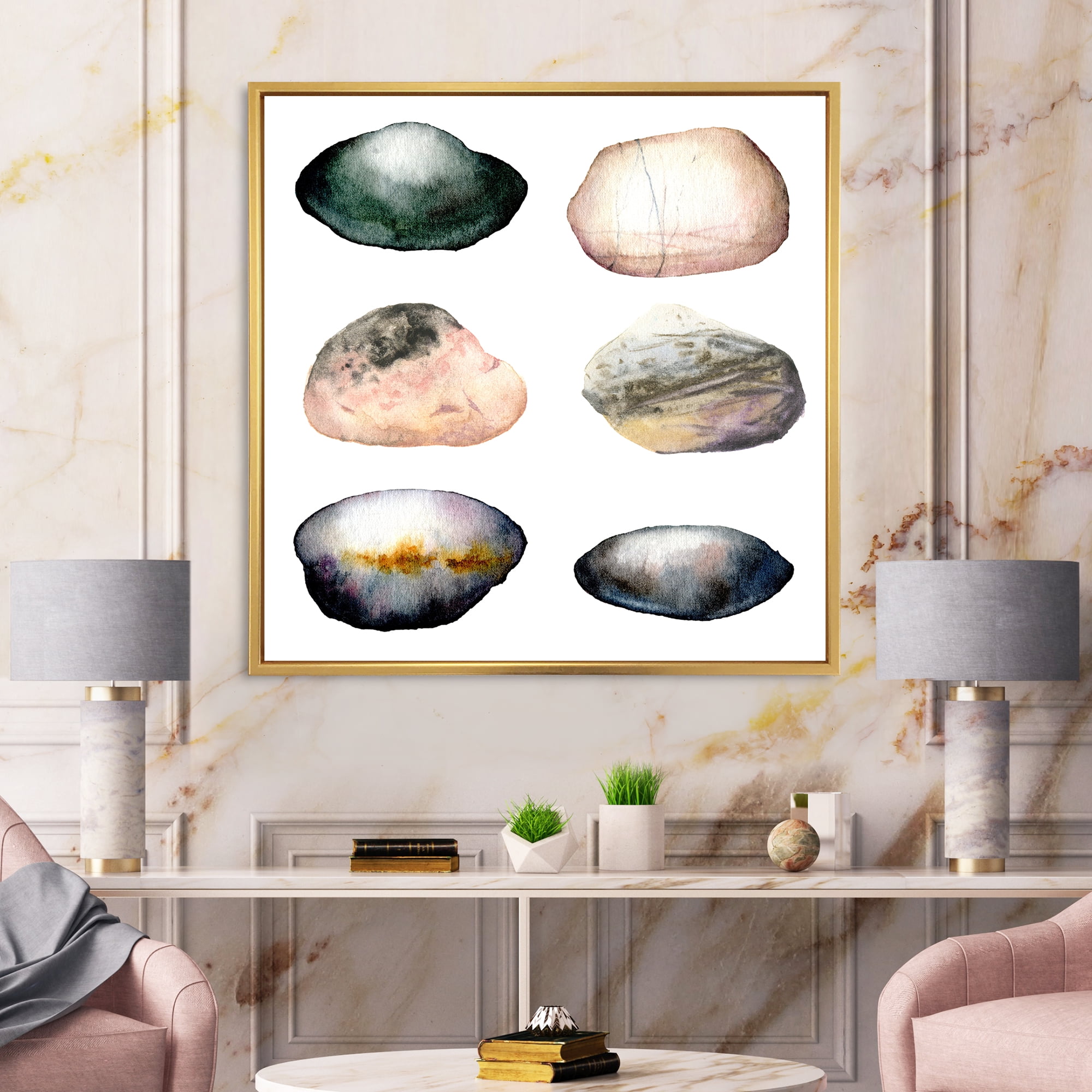 Designart 'Six Abstract Sea Stones On White' Nautical & Coastal Framed Canvas Wall Art Print