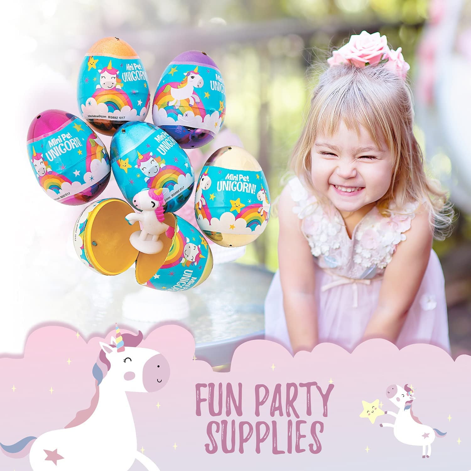 Fun Express 2 1/2" Unicorn Toy-Filled Plastic Easter Eggs, Party Supplies - 12 Pieces