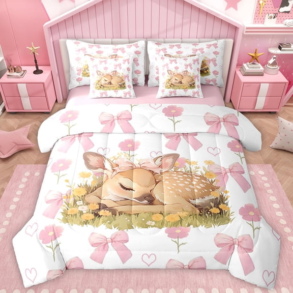 Manfei Cartoon Bowknot Deer Bedding Comforter Set 7 Pieces for Teens, Pink Flower Floral Full Bedding Set, Magic Kawaii Animal Reversible Fitted Sheet Flat Sheet, Luxury Bedroom Decor