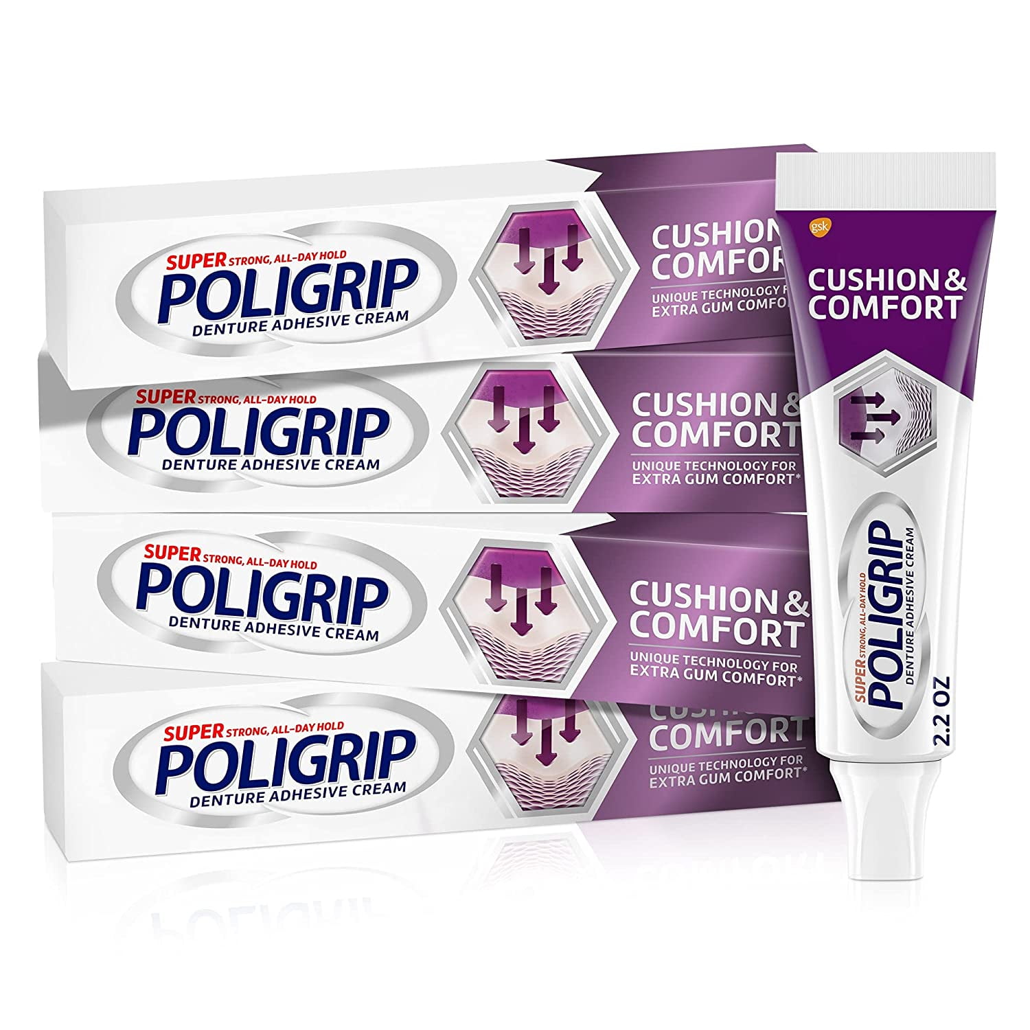 Super Poli-Grip Poligrip Cushion & Comfort, Denture and Partials Adhesive Cream for Extra Comfort and Hold of Dentures, 2.2 Ounces (Pack of 4)