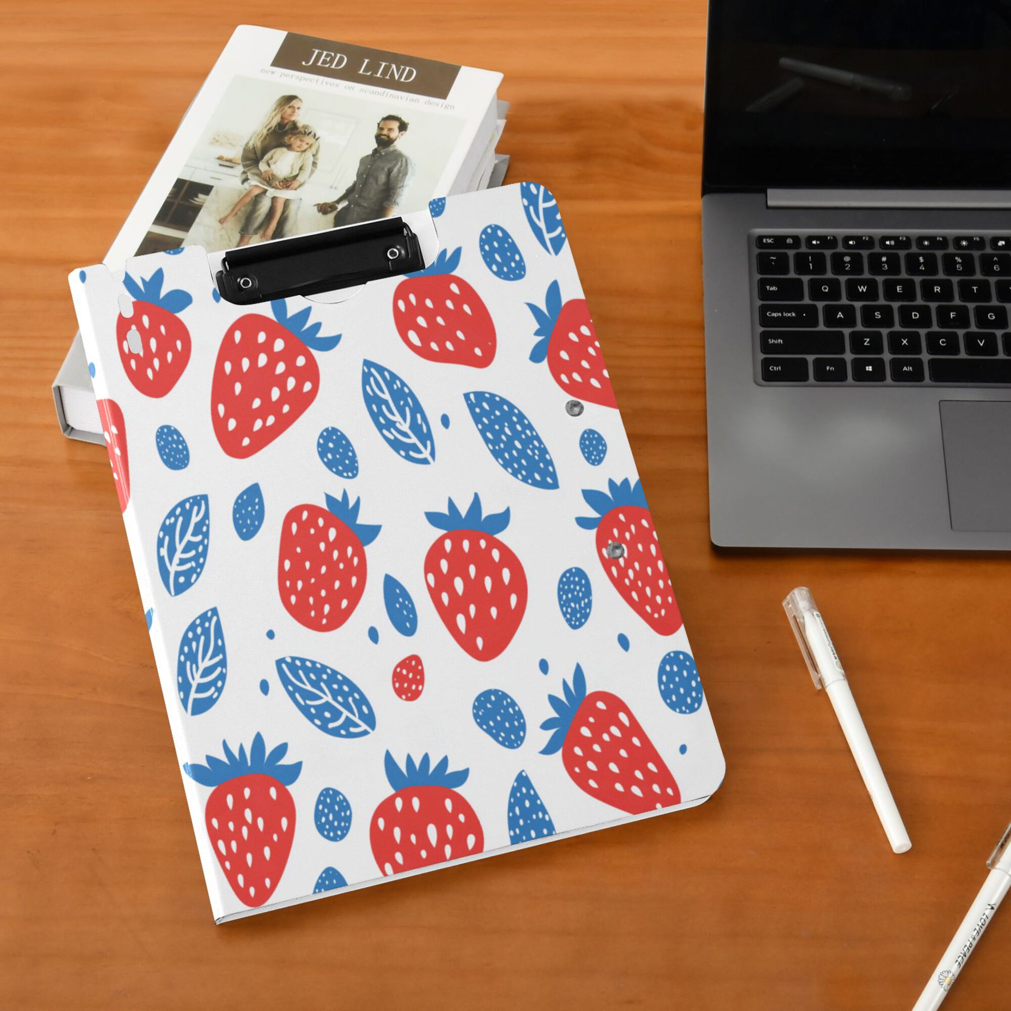 FORMRS A4 Clipboard Folder with Pen Holder Horizontal Foldable School Office Binder, Playful Strawberries