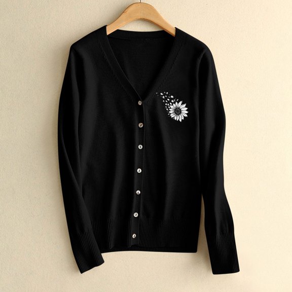 SYMOID Womens Black Floral V-Neck Cardigan - Soft Acrylic Long Sleeve Button-Front, Casual Layerable for Office/Daily, S-XXXL,Size XL