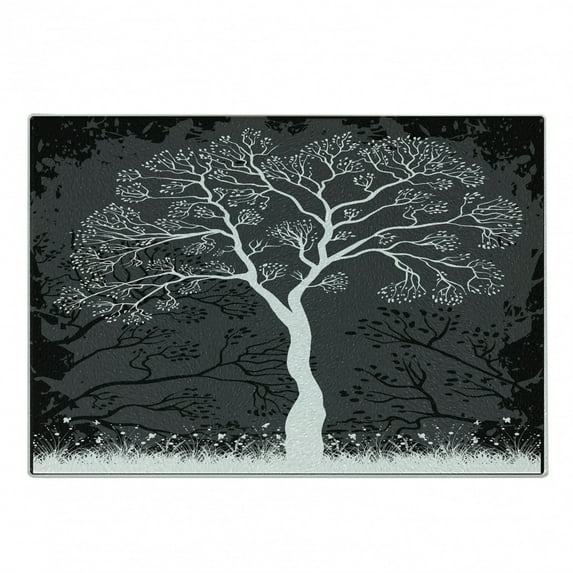 Grey Cutting Board, Tree Illustration with Growing Branches Merry Seasonal Grass Bushes Nature, Decorative Tempered Glass Cutting and Serving Board, Small Size, Grey White, by Ambesonne