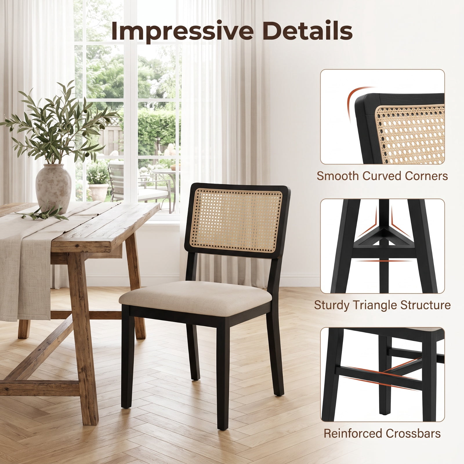 Furnibear Rattan Dining Chairs Set of 2 Fabric Upholstered Kitchen Chairs with Padded Seat and Rubber Wood Legs for Kitchen Dining Room Living, Black