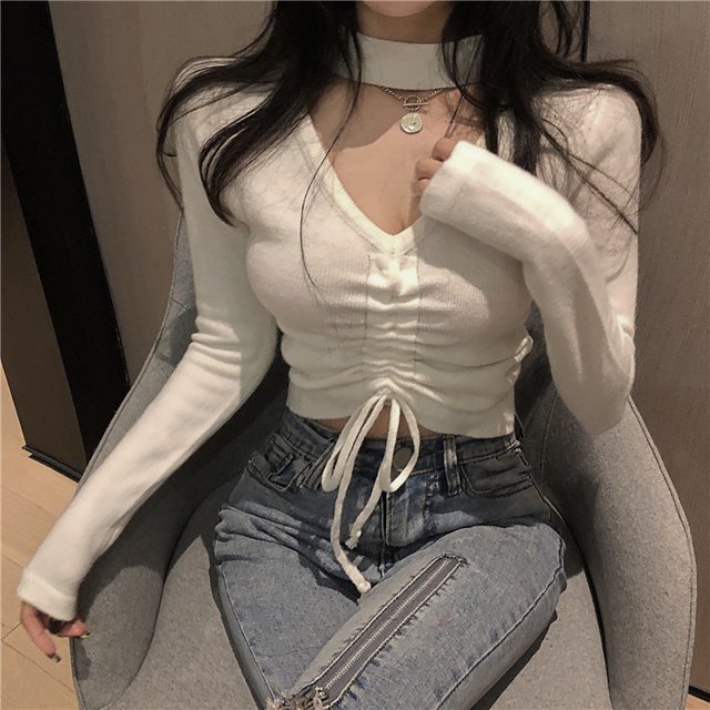 VISgogo Blusas cortas con cordón frontal para mujer, camisetas de manga larga con cuello simulado recortadas de color sólido VISgogo moda