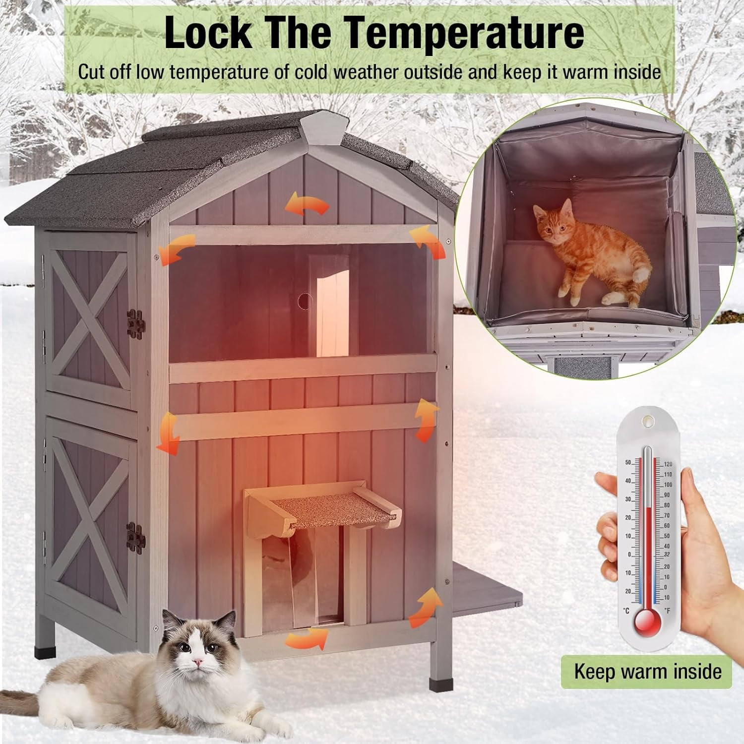 MEDEHOO Cat House for Outdoor Cats with Insulated Liner for Winter Waterproof Feral Kitty Shelter,2 Layer