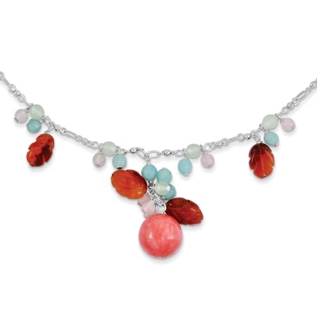Sterling Silver Lav. Agate/Carnelian/Green Quartz/Amazonite Necklace. 16in Long