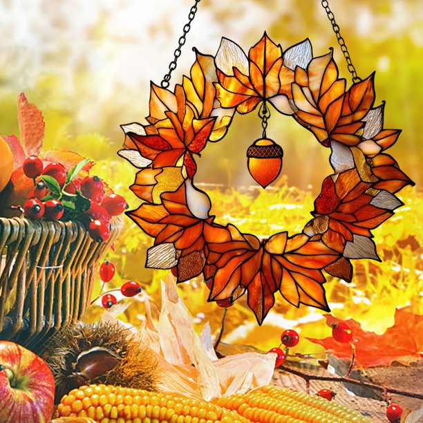 Uuiauoio Maple Leaf Suncatcher, Acrylic Stained Glass Window Hanging, Maple Leaves Fall Ornaments Fall Leaf Decorations Window Wall Hanging Ornament for Thanksgiving Autumn Party Supplies