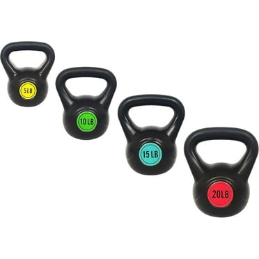 4-Pieces, Wide Grip Kettlebell Exercise Fitness Weight Set, 5lb, 10lb, 15lb and 20lb Kettlebells