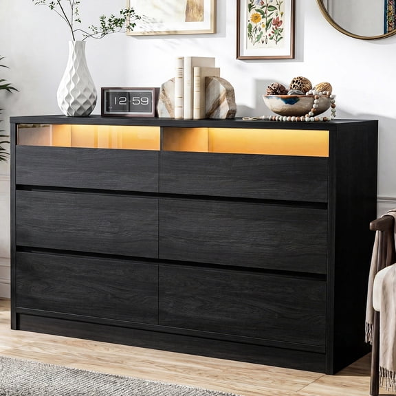 Anyact LED 6 Drawer Double Dresser for Bedroom, Modern Wood Chest of Drawers for Living Room