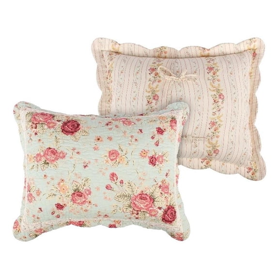 Benjara Rosle 36" King Pillow Sham- Scallop Edges- Floral Pinstripe Blue Cotton