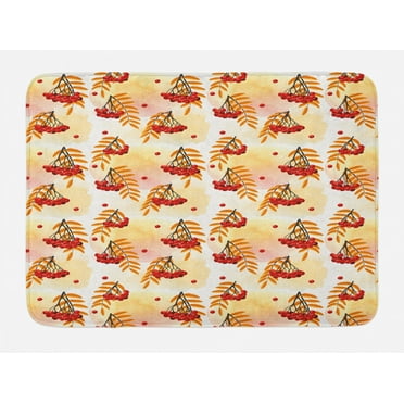 Rowan Bath Mat, Romantic Fall Season Inspired Tile with Vivid Leafage and Bunch of Berries, Non-Slip Plush Mat Bathroom Kitchen Laundry Room Decor, 29.5 X 17.5 Inches, Orange Red Peach, Ambesonne