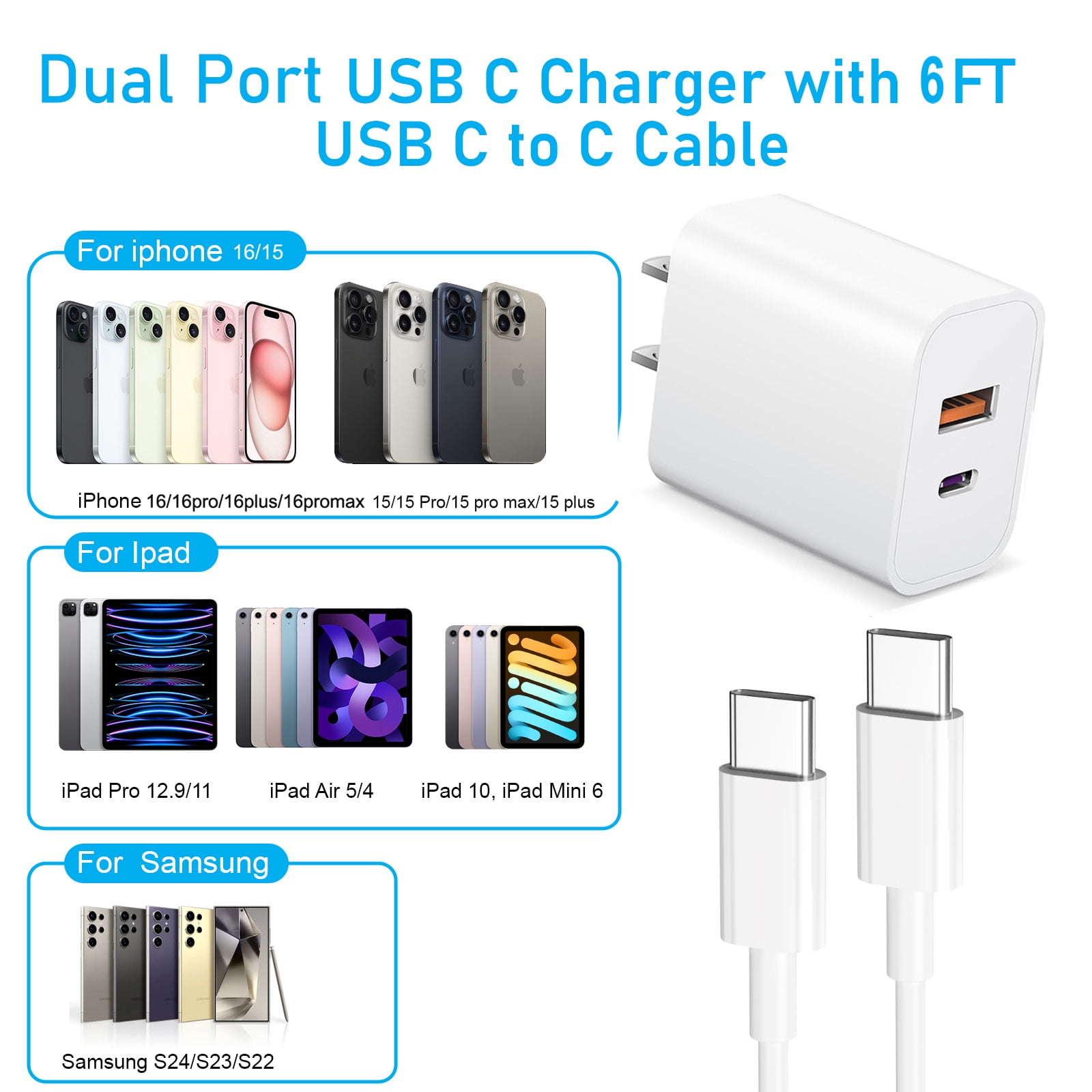 USB C Charger for i.Phone 16 Charger Fast Charging, Dual Port PD Power Adapter Wall Charger Block with 3Pack 6Ft USB C to USB C Cable for Phone 16/16 Pro/16 Pro Max/16 Plus/15 Pro/15 Pro Max/15 Plus
