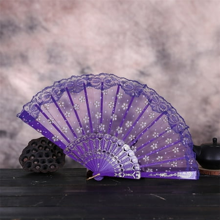 

ERTUTUYI Chinese Style Dance Wedding Party Lace Silk Folding Hand Held Flower Fan Purple