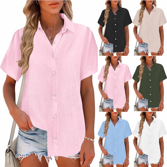 Women's Summer Short Sleeve Button Up Shirt Tops Blouses Tunics Plaid Pattern Flared Hem Loose Fit Casual Daily Wear Vacation Beach Streetwear Fashion Essential Gift for Women