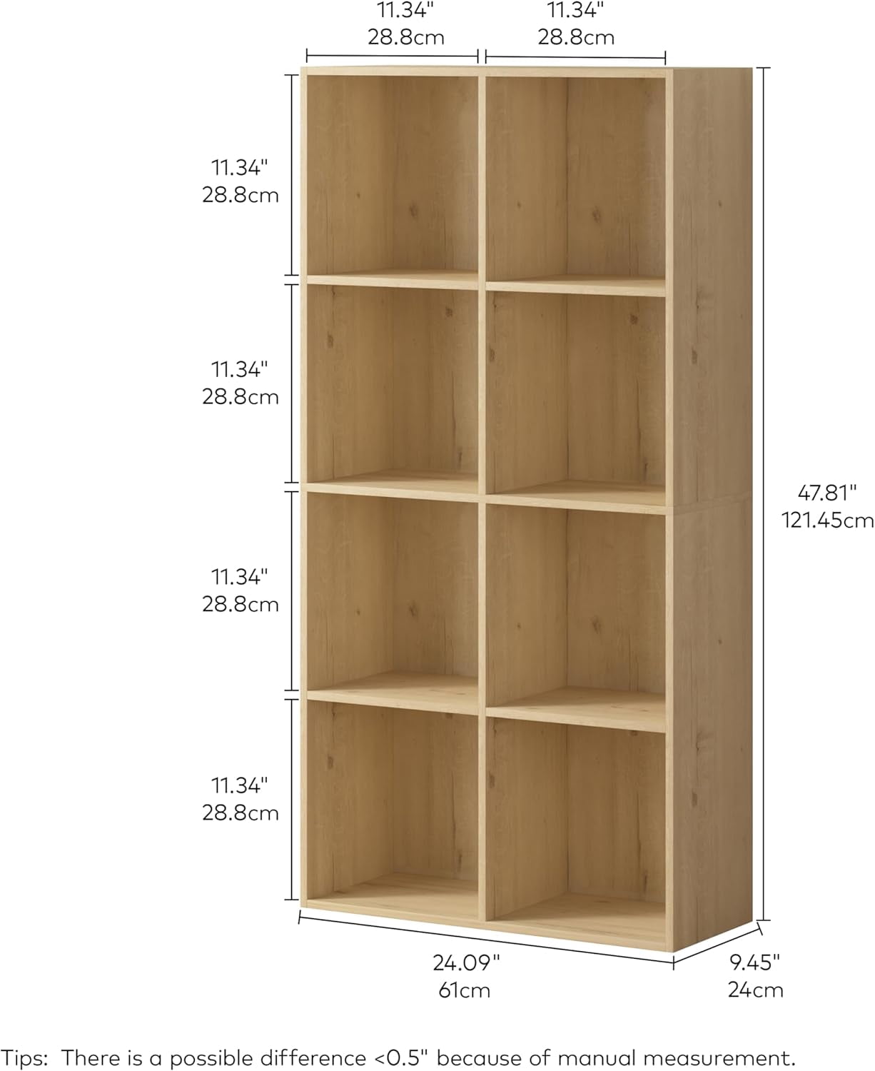 Jpiziso 8 Cube Storage Organizer 47.81" x 9.45" x 24.09" Bookcases with Closed Back for Home Office, Living Room, Bed Room White Oak