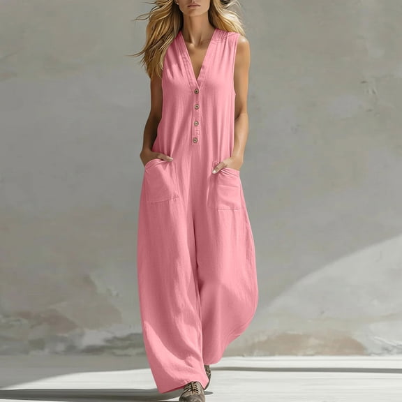 Cutuoiiu Women Plus Size Spring Summer Casual Solid Color V-Neck Button Front Linen Jumpsuit with Pockets Gifts