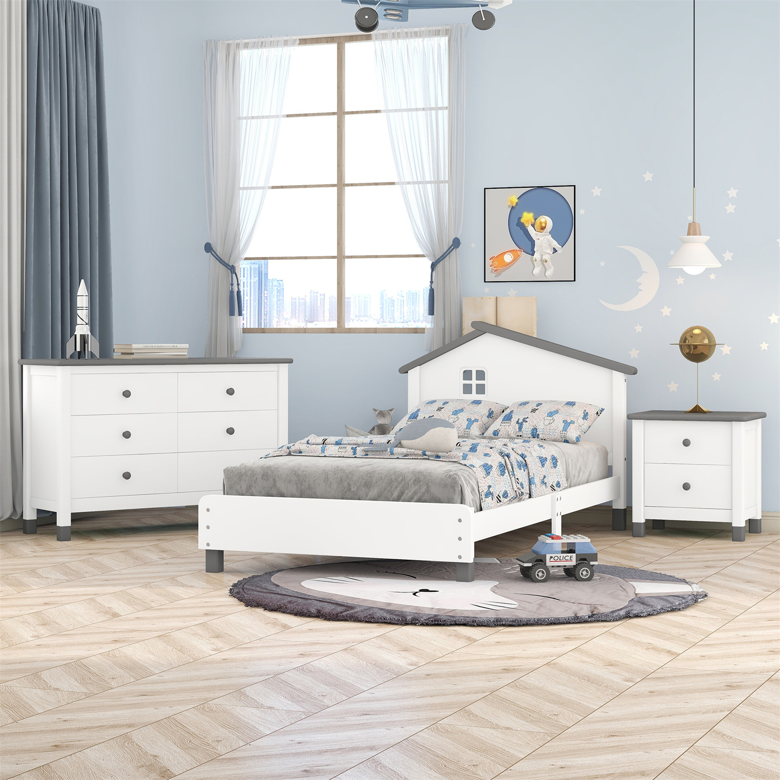 3 Pieces Twin Bedroom Sets, Twin Size Wood House Platform Bed Frame with Nightstand and 6-Drawer Storage Dresser, Bedroom Furniture Set for Kids Teens Boys Girls, No Box Spring Needed, White+Gray