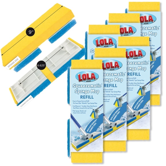 LOLA Products Squeeze Matic Easy Clean Butterfly Sponge Mop Head Refill, 9"" Wide Mop Head, Replacement Head for Floor Cleaning, Fits Most